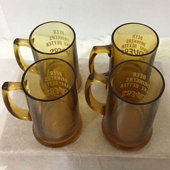 4 Glass Vintage MCM Amber Mugs 4 Piece Set “Beer Drinkers Make Better Lovers” - Picture 3 of 7
